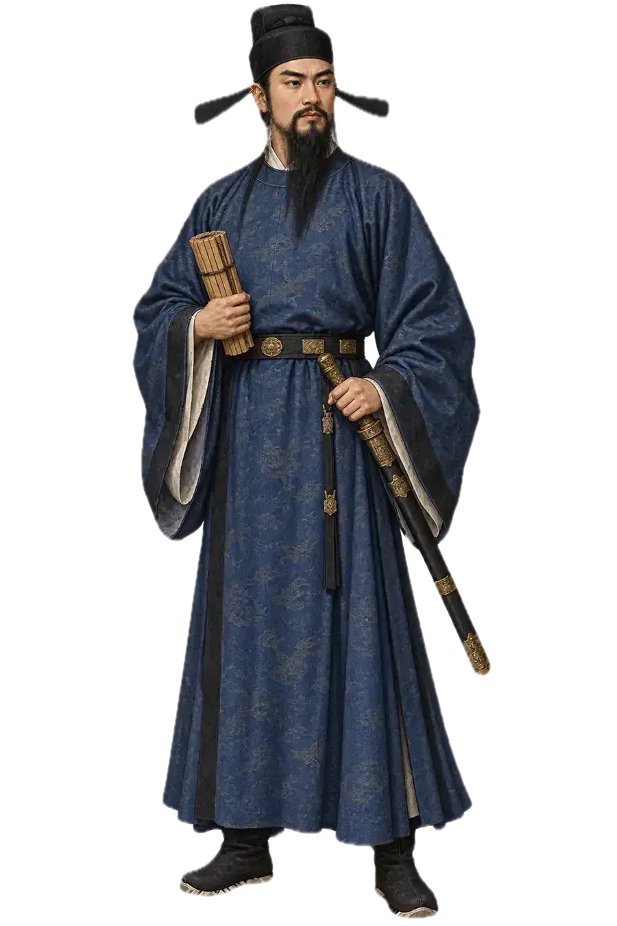 三十三岁的狄公戴黑色县令帽,浓眉长黑须,穿靛青官袍,手持竹简案卷并佩雨龙剑的透明全身人物图