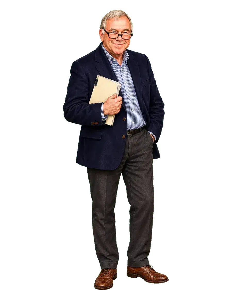 灰发戴深色眼镜、穿深蓝外套与格纹衬衫、手持广播剧本的作者透明全身肖像