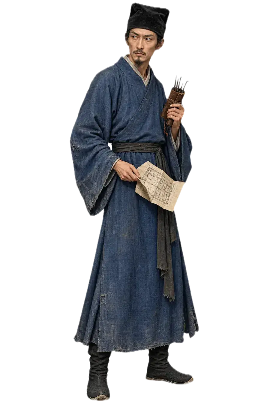 陶干身材瘦削、面孔瘦长，穿旧蓝布长袍和黑绒方帽，手持开锁工具与平面图的透明全身人物图