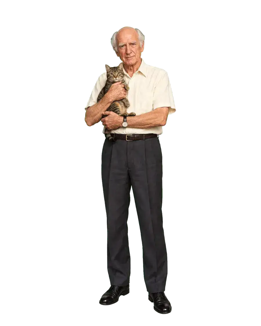 劳伦斯·山德斯怀抱虎斑猫的透明全身肖像