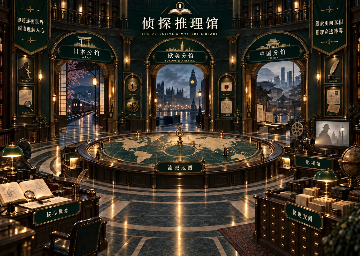 侦探推理馆圆形大厅，左侧为日本分馆，中间为欧美分馆，右侧为中国分馆，并设有核心概念、流派地图、影视馆和快速查阅入口