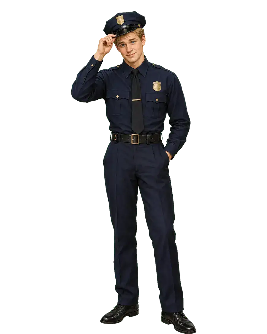 年轻的新手警员，凌乱金发从轻便警帽下露出，身穿1950年代深蓝制服