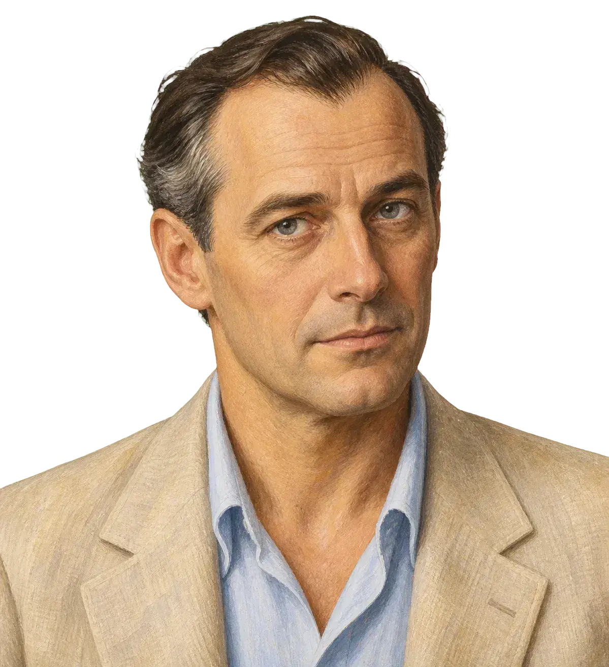 灰鬓、浅色便装的Robert Morte透明概念肖像